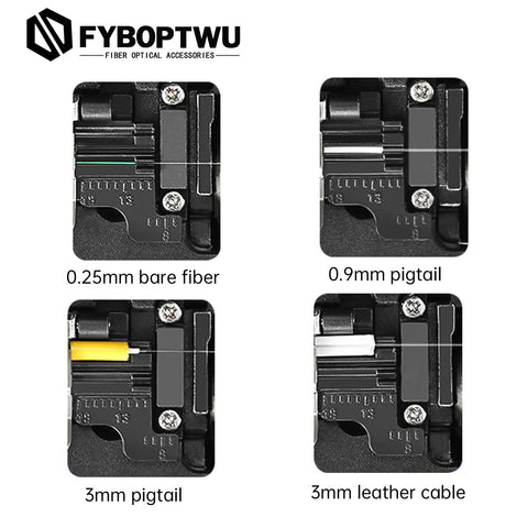 Three In One FTTH Fiber Cleaver with Auto Scrap Collector, shows cutting options for 0.25mm fiber, 0.9mm and 3.0mm cables.