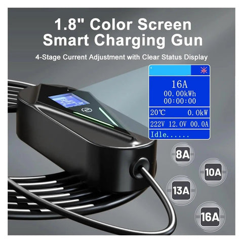 Portable EV Charger 3.5 KW Level 1 J1772 Type 1 Charging Cable 8A to 16A Adjustable NACS Compatible with color screen display