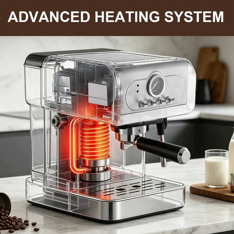 Pro Barista Style 20 Bar Espresso Machine With Automatic Steam Frother Stainless Steel Coffee Maker showing advanced heating system.