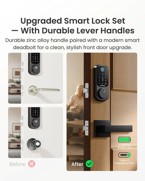 Fingerprint Smart Lock Dope With Two Lever Handles Keyless Front Door Entry Set Electronic Keypad Deadbolt App Control Auto Lock Long Battery Life Secure Home Access Bluetooth Connected For Quick Remote Access installed on wooden door