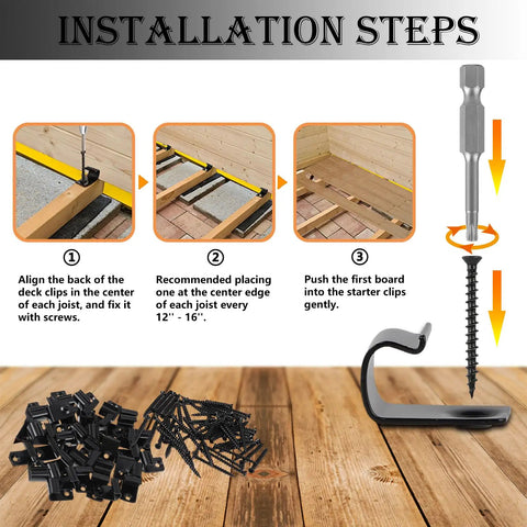 Installation steps for Starter Deck Clips 50 Pack Universal Hidden Fasteners For Composite Decking, screws, and torx bit.
