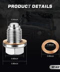 Magnetic M14x1.5 Oil Drain Plug With 17mm Hex Stainless Steel Engine Oil Pan Bolt Includes Five Copper Crush Washers Universal Leak Proof Replacement For Cars Motorcycles Boats And More, shown with washer size details