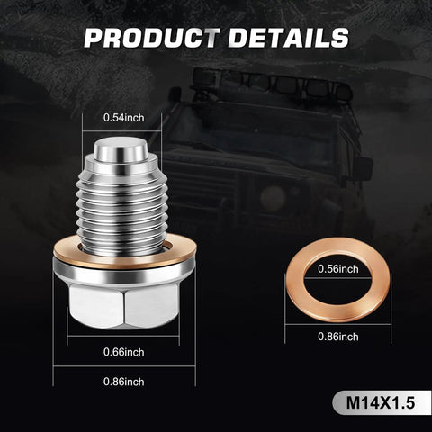 Magnetic M14x1.5 Oil Drain Plug With 17mm Hex Stainless Steel Engine Oil Pan Bolt Includes Five Copper Crush Washers Universal Leak Proof Replacement For Cars Motorcycles Boats And More, shown with washer size details