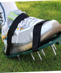 Close-up of Lawn Aerator Shoes Set With 16 Pcs Heavy Duty Spikes For Soil Loosening Easy Assembly Garden Sandals on grass