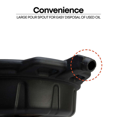 Close-up of large pour spout on 2 Gallon Oil Drain Pan With Anti Spill Cap And Wide Lip For Mess Free Oil Changes Heavy Duty HDPE