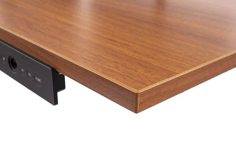 Close-up of the warm teak surface of a Heavy Duty Electric Standing Desk With Programmable Memory, Smooth Dual Motor Height Lift.