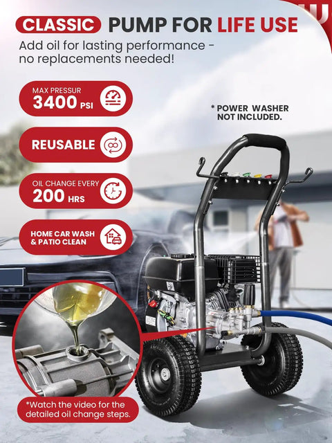 Three Quarter Inch Shaft Pressure Washer Pump 3400 PSI 2.5 GPM Horizontal Replacement Kit with pump and oil pouring details
