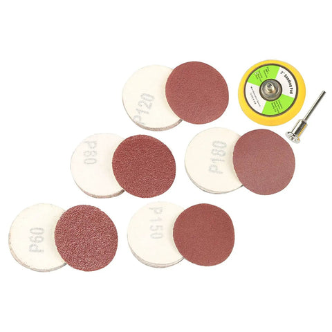 Fifty Piece Two Inch Rotary Sanding Discs Kit With One Eighth Inch Shank Backing Pad And Hook And Loop Holder For Dremel Rotary Tool set