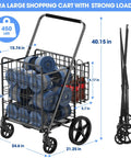 450 Lbs Capacity Folding Shopping Cart Behemoth On Wheels with Dual Basket and dumbbells, showing size dimensions.
