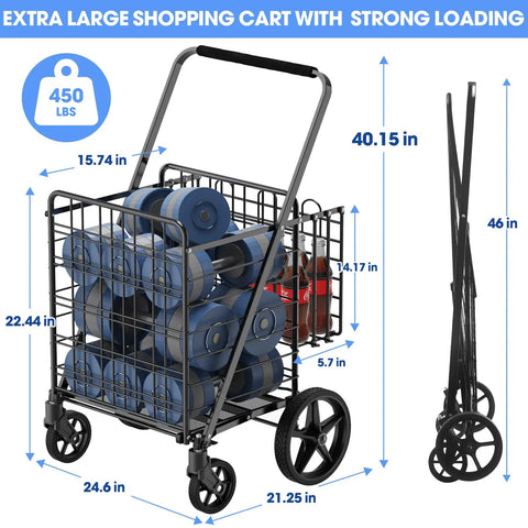 450 Lbs Capacity Folding Shopping Cart Behemoth On Wheels with Dual Basket and dumbbells, showing size dimensions.