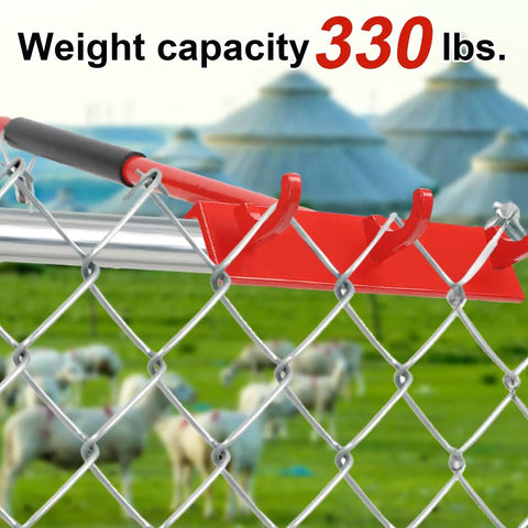 One Man Chain Link Fence Top Rail Fabric Hanging Tool Heavy Duty Stretcher With Steel Cable Hook and Non Slip Handle shown in use