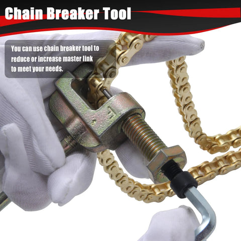 KAMIER chain breaker tool with gold drive chain, 140 links, close-up view