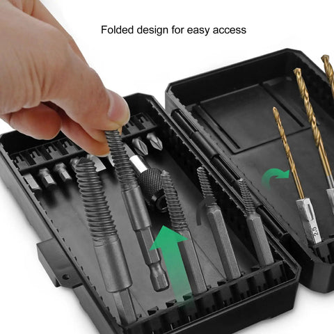 Heavy Duty Screw Extractor Set To Bust Stripped Screws With Hex Shank Twist Drills And Bolt Remover Bits For Tough Jobs, Includes Extension And Storage Box So You Can Fix Anything Without Losing Your Mind. Folded storage case with extractor bits and 1/4-inch shaft