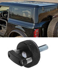 Premium Grade No Sweat Quick Swap Thumb Screws For Bronco Hardtop close-up of thumb bolt with D ring grips against black Bronco