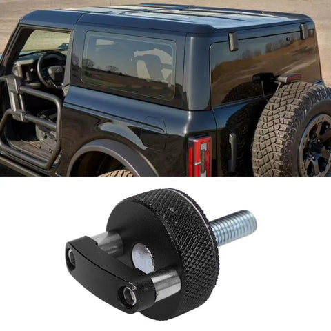 Premium Grade No Sweat Quick Swap Thumb Screws For Bronco Hardtop close-up of thumb bolt with D ring grips against black Bronco