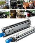Built Tough Heavy Duty Drawer Runners With Secure Lock And Dual Ball Bearing Glides shown with a vehicle toolbox and various storage uses.
