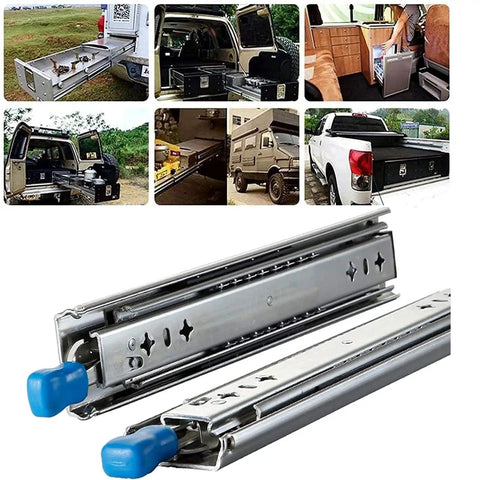 Built Tough Heavy Duty Drawer Runners With Secure Lock And Dual Ball Bearing Glides shown with a vehicle toolbox and various storage uses.