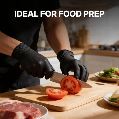 Heavy Duty Nitrile Work Gloves 8 Mil Thick Tough As Nails Textured Grain Grip Powder And Latex Free Job Site Ready Industrial Safety Gloves Black Large 100 Pack worn while slicing tomatoes in a kitchen.