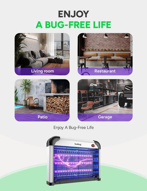 Indoor Bug Zapper With 3 Long Life LED Bulbs Energy Saving Mosquito Killer That Attracts With Dual Wavelength LEDs High Voltage Electric Fly Trap Fly Killer For Home Quiet Powerful Pest Zapper MA009 displayed in living room, restaurant, patio, garage