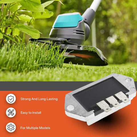 Go To Voltage Regulator Rectifier Replacement For 8-25HP Lawn Tractors With 15 Amp Alternators Fits Kohler CH20 CH22 CH23 CH25 And 41-403-09 4140309 Durable Auto Electrical Part For Reliable Battery Charging shown with garden trimmer and features icons