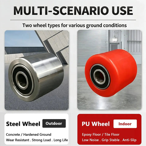 Heavy Duty Industrial Mover Dolly Featuring 360 Swivel Casters And Grippy Non Slip Pads, showing steel and PU wheels for various surfaces.