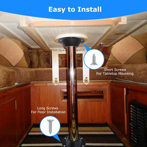 Top Notch Aluminum Rv Table Base Mount For Camper Pedestal Legs With Heavy Duty Rust Resistant Design Measuring 6 5 Inch Outer Diameter And Two Piece Flange Kit shown with installation details.