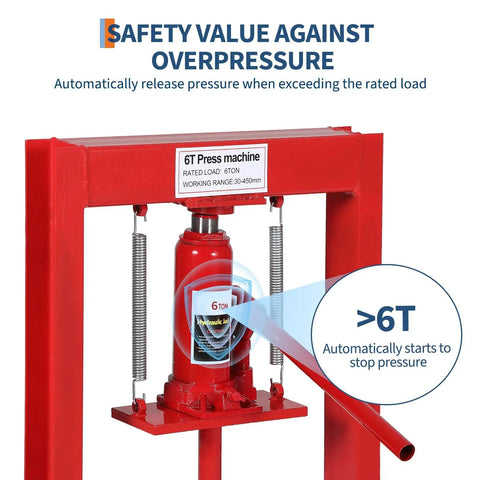 6 Ton Hydraulic Shop Press With Stamping Plates Four Hole Adjustable Height H Frame Dust Cover For Auto Repair Red Finish