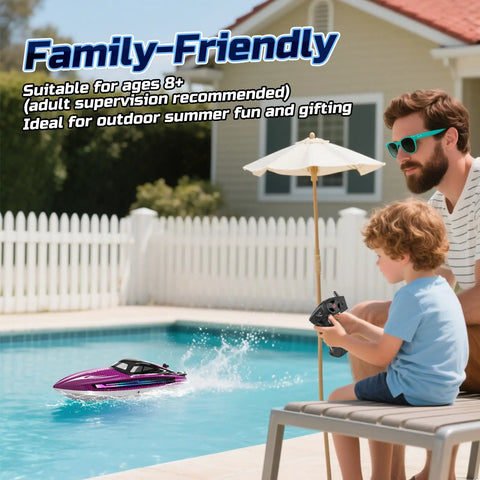 Child playing with Fast Remote Control Boat For Adults With LED Lights And Self Righting, 15 MPH Racing RC Boat With 3 Speed Modes, Ideal For Pools And Lakes, Comes With 2 Rechargeable Batteries For 30-40 Minutes, Purple WF17 in pool