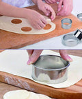 Baking with the 12 Piece Round Cookie Cutter Set With Graduated Circle Cutters In 18 8 Stainless Steel on a wooden board