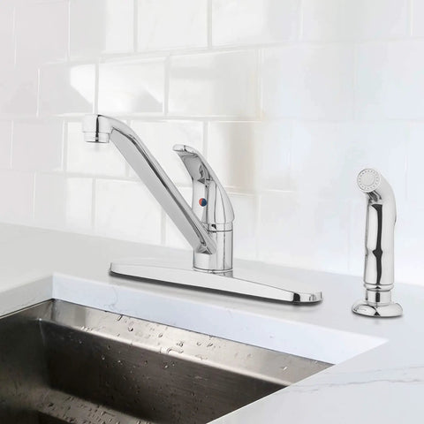 Premium Single Handle High Arc Kitchen Faucet With Swivel Side Spray, Polished Chrome Finish, side view in kitchen sink setting.