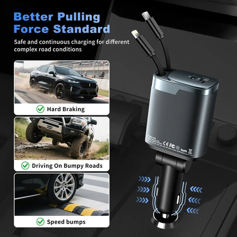 Retractable Car Charger 4 In 1 With USB C Fast Charge 84W, showing durability under hard braking and bumpy roads conditions.