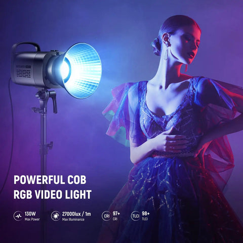 Model illuminated by CB100C 130W RGB LED Video Light With App And 2.4G Wireless Remote, 360 Degrees Full Color Illumination