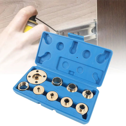 Top Shelf Brass Router Bushing Template Guide Set 11 Pieces For Quick Install Woodworking Accessories With Various Sizes displayed in blue case.