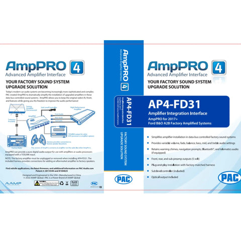 Packaging for Four Channel Amp Integration Interface For Ford Vehicles With Factory Amplified B And O A2B Sound Systems Delivers Pure Digital TOSLINK Output To Drive External Amps Or Processors For Bronco Bronco Sport EcoSport Edge Escape Expedition Explorer And F150.