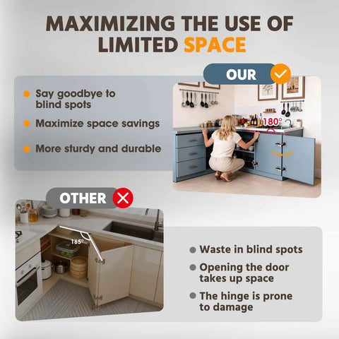 Comparison of cabinet storage with Soft Close Corner Cabinet Hinges Set With Silent Dampers, maximizing space with 180 degree angle