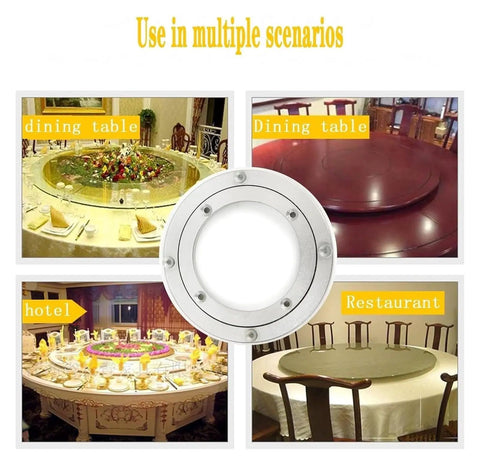Heavy Duty Lazy Susan Turntable Base For Smooth 360 Degree Rotation Aluminum Alloy Swivel Platform shown in various dining settings