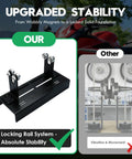 Pro-grade crankshaft truing stand for motorcycles and mopeds with long track base, steel roller bearing posts, sliding base with locking rails.