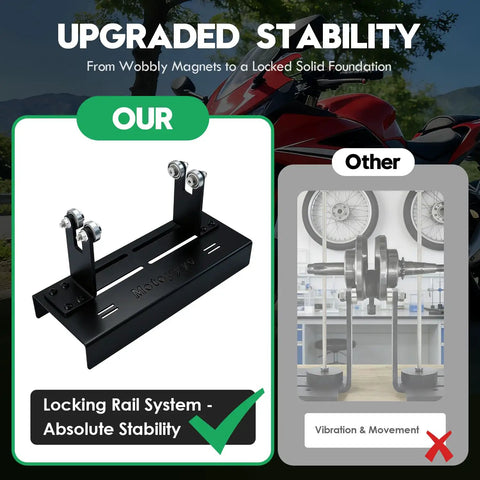 Pro-grade crankshaft truing stand for motorcycles and mopeds with long track base, steel roller bearing posts, sliding base with locking rails.