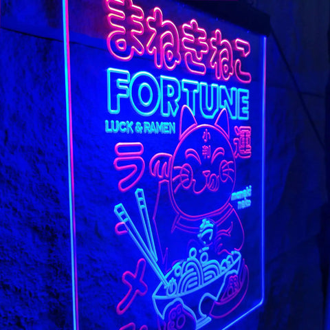 Beckoning Cat Neon Sign for Wall Decor LED Luck Light With Ramen Theme, Japanese Lucky Cat Wall Art in blue and red glow