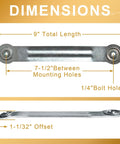 4 Pack Glider Bearing Arm Bracket Hardware Rocker Replacement Parts, 9 Inch Long, 7.5 Inch Center-to-Center Mounting Holes, 1/4 Inch Bolt Holes, Galvanized Silver Finish, Durable, Easy Install Replacement Kit dimensions shown