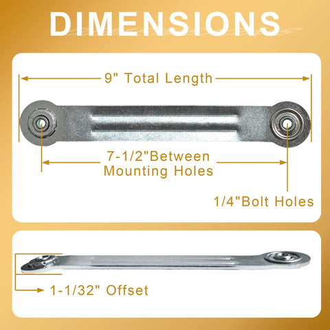4 Pack Glider Bearing Arm Bracket Hardware Rocker Replacement Parts, 9 Inch Long, 7.5 Inch Center-to-Center Mounting Holes, 1/4 Inch Bolt Holes, Galvanized Silver Finish, Durable, Easy Install Replacement Kit dimensions shown