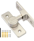 Heavy Duty 90 Degree Barn Door Lock With Zinc Alloy Build, Ball Bearing Latch, Nickel Finish, shown with mounting hardware