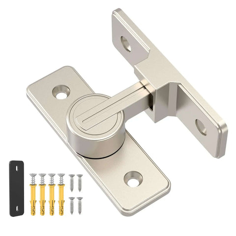 Heavy Duty 90 Degree Barn Door Lock With Zinc Alloy Build, Ball Bearing Latch, Nickel Finish, shown with mounting hardware
