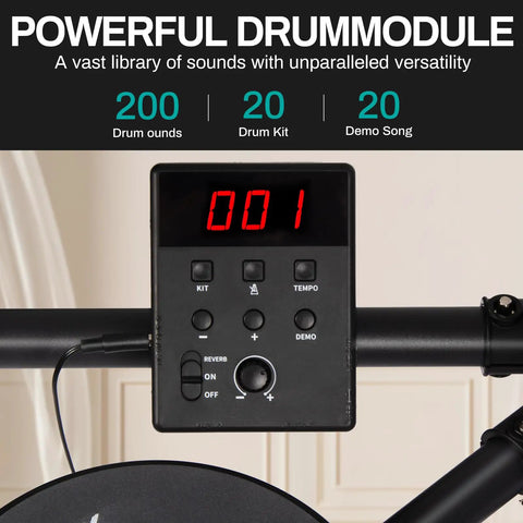 Display and controls of Portable Electric Drum Set With Quiet Pads And Sturdy Metal Frame For Beginners, Includes Drum Module, 4 Pads