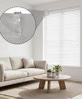 Twenty Four Piece Set Of Clear Flexible Plastic Valance Clips For Faux Wood Blinds And Hidden Groove Channels on a window mount.
