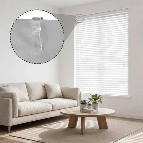 Twenty Four Piece Set Of Clear Flexible Plastic Valance Clips For Faux Wood Blinds And Hidden Groove Channels on a window mount.
