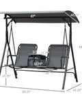 Two Seater Patio Swing Chair With Canopy And Storage Table, dimensions labeled, gray steel frame, for backyard hangouts.