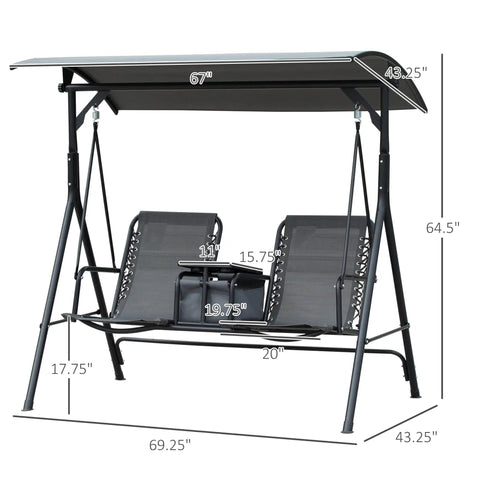 Two Seater Patio Swing Chair With Canopy And Storage Table, dimensions labeled, gray steel frame, for backyard hangouts.