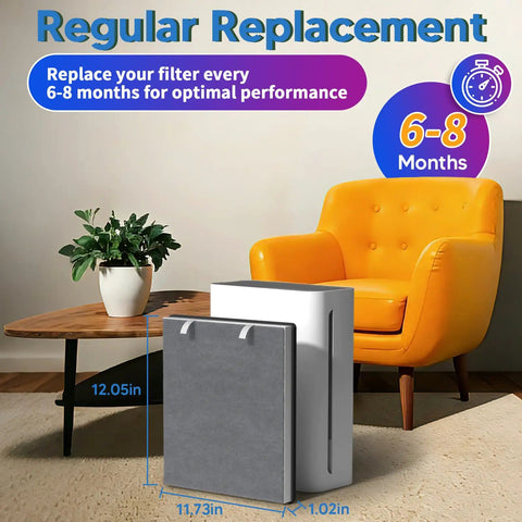 Replacement Filter For Vital 100 Air Purifier, 3 Pack in living room setting with chair, table and plant