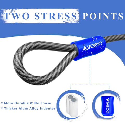 Half Inch Built Tough Heavy Duty Security Cable Lock With Loops For Outdoor Use, showing braided steel with blue aluminum connector